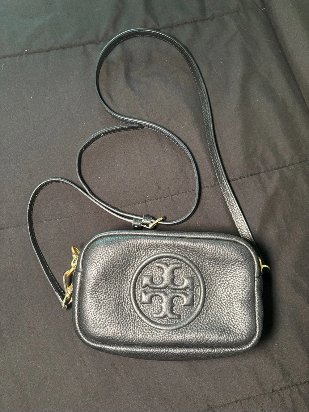 Tory Burch Black Pebbled Leather Crossbody with Embossed Logo
